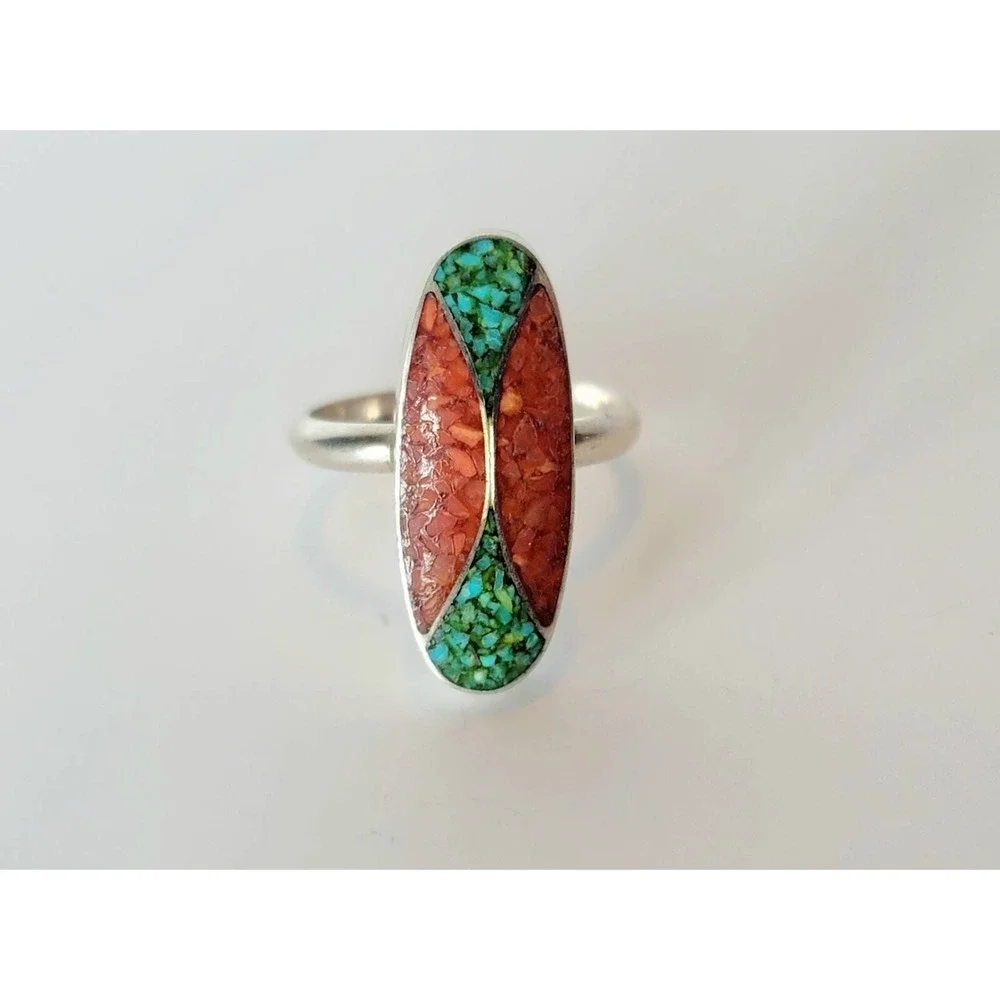 Vintage Turquoise‎ Coral Sterling Silver Inlay Ring Statement Jewelry 4.5